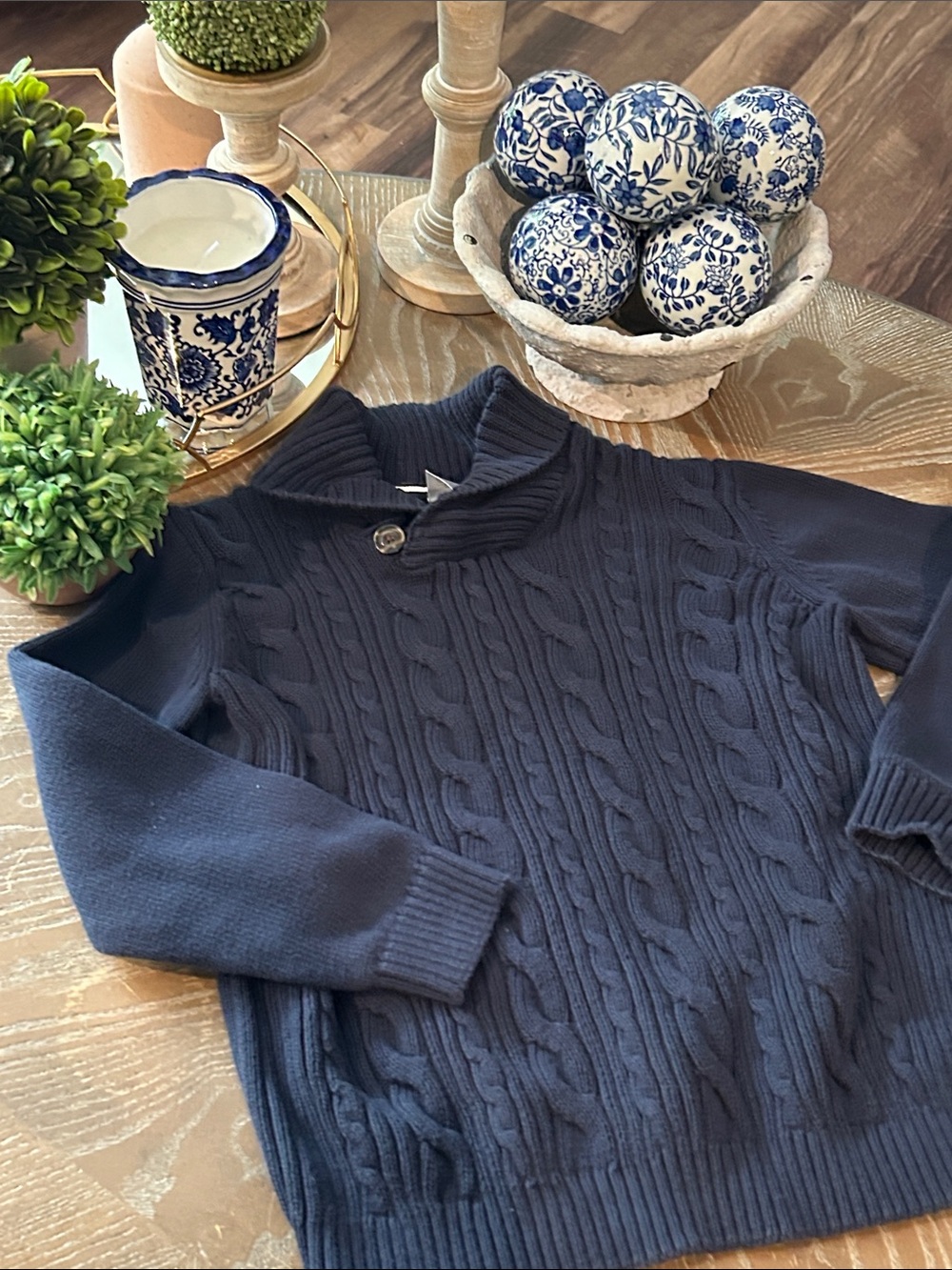 Gymboree Boys Navy Blue Cable Knit Cowl Shawl Neck Sweater
